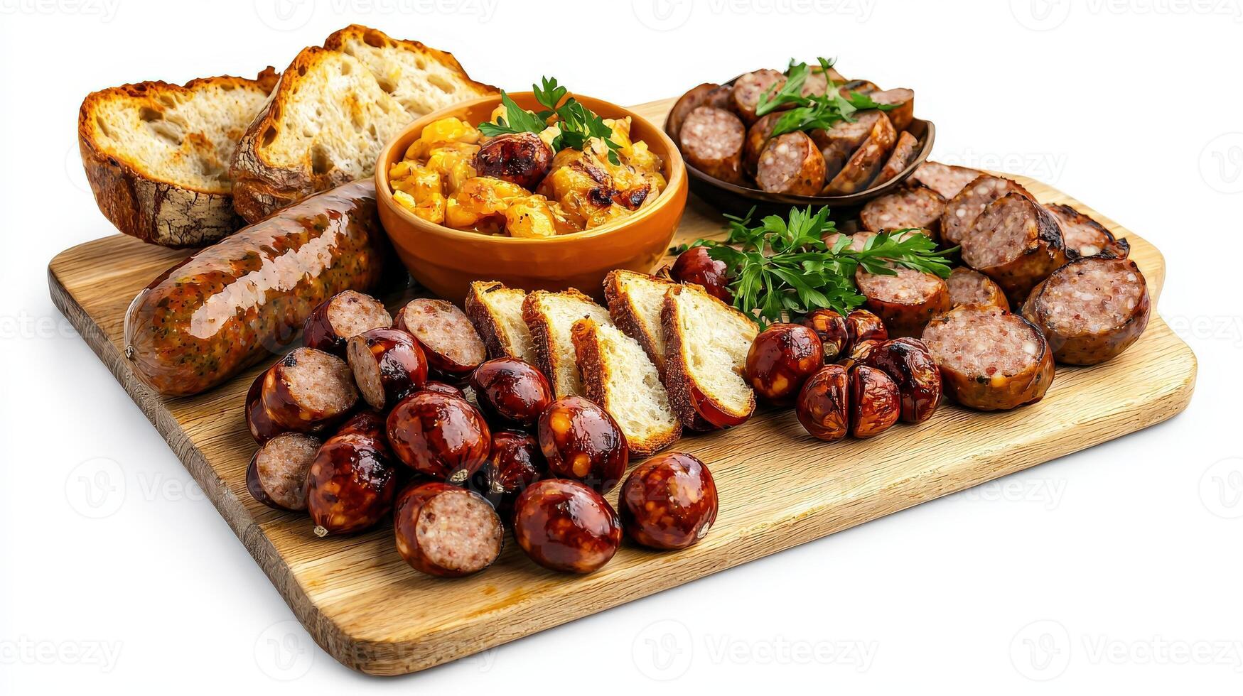 A wooden cutting board with sausage, bread and other food photo