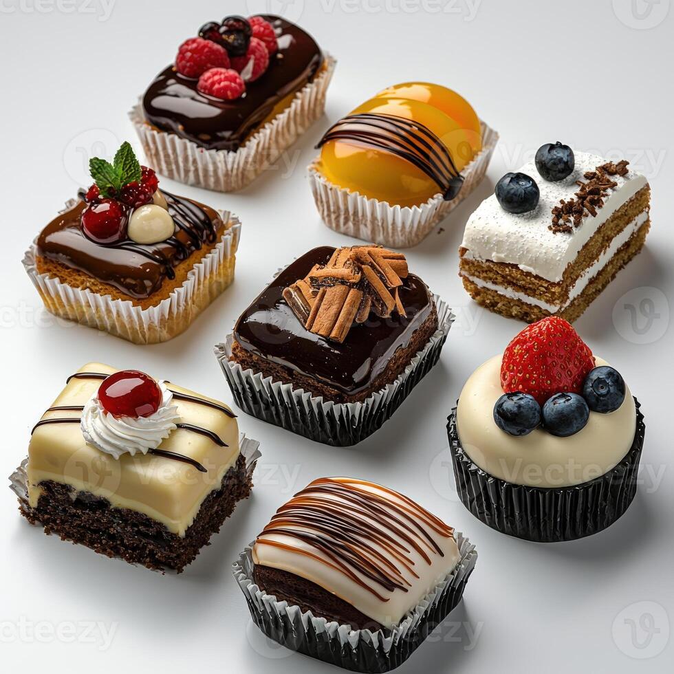 A variety of desserts are arranged in a row photo
