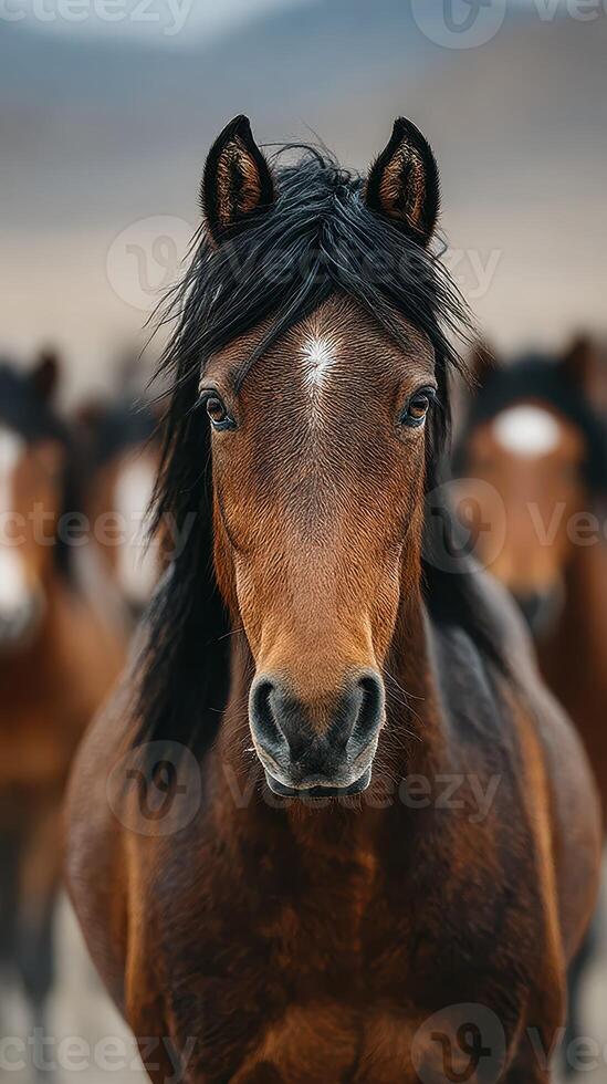 Herd of wild horses in a natural landscape with one horse closely in focus during daytime photo