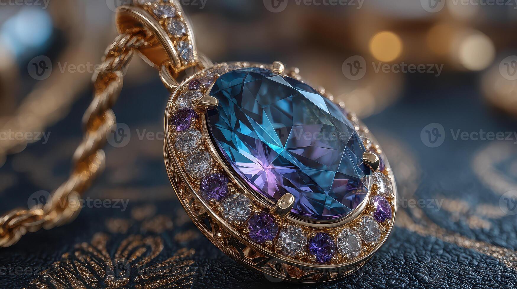 Elegant gem pendant featuring a large blue stone with purple accents on intricate gold setting displayed against decorative background photo