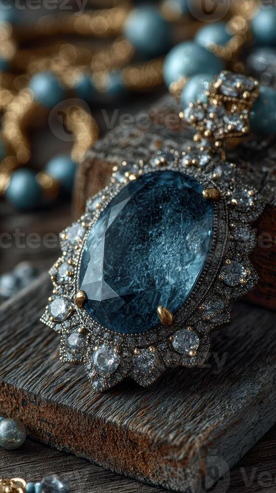 Intricate jewelry piece featuring a large blue gem on a rustic wooden surface photo