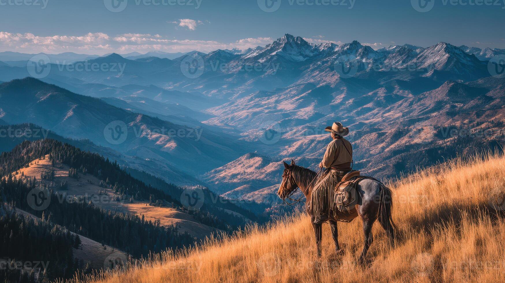 Cowboy riding horse overlooking mountain range at sunset in serene landscape photo