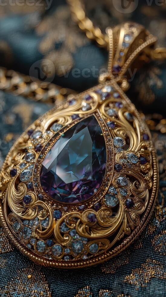 Intricate jewelry design featuring a large tear-shaped gemstone and ornate golden detailing on a textured background photo