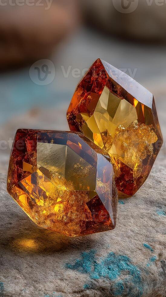 Sparkling amber crystals on textured stone surface with natural light highlighting their beauty photo