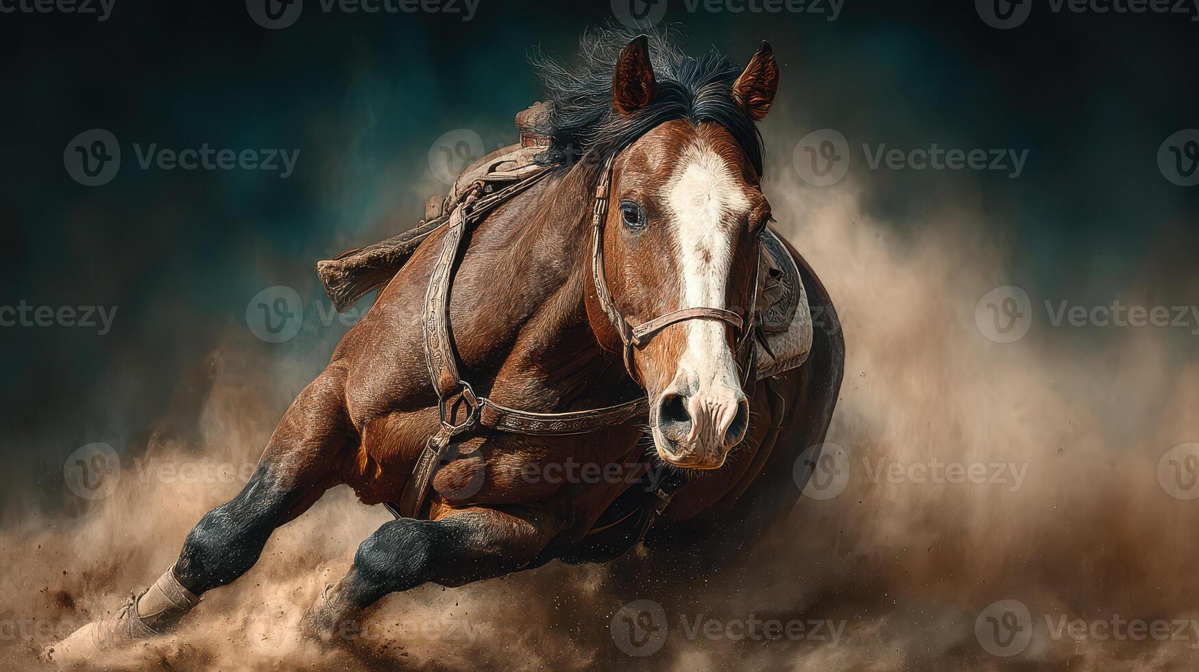 Horse running at full speed through dusty terrain on a bright sunny day in a western landscape photo