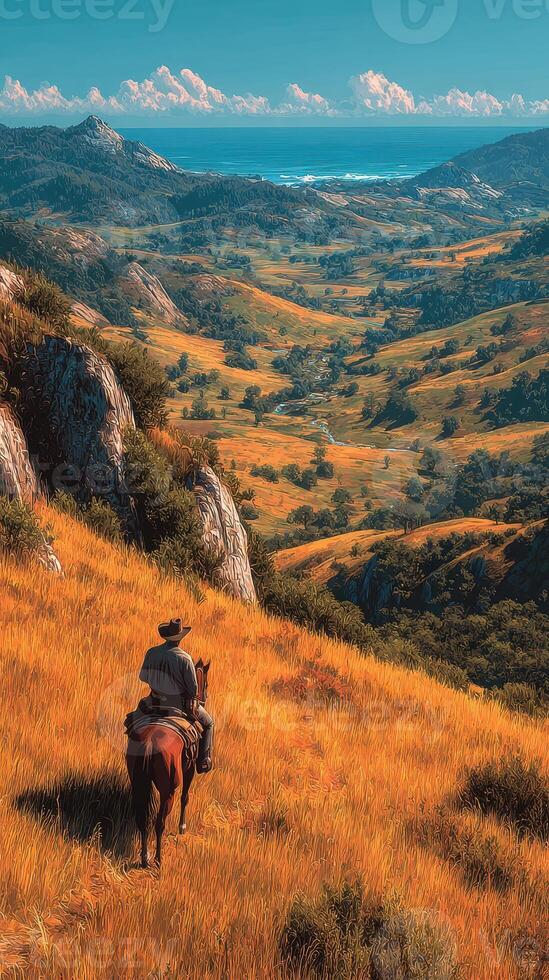 Western landscape with a cowboy riding a horse through golden fields and hills under a bright blue sky by the ocean photo