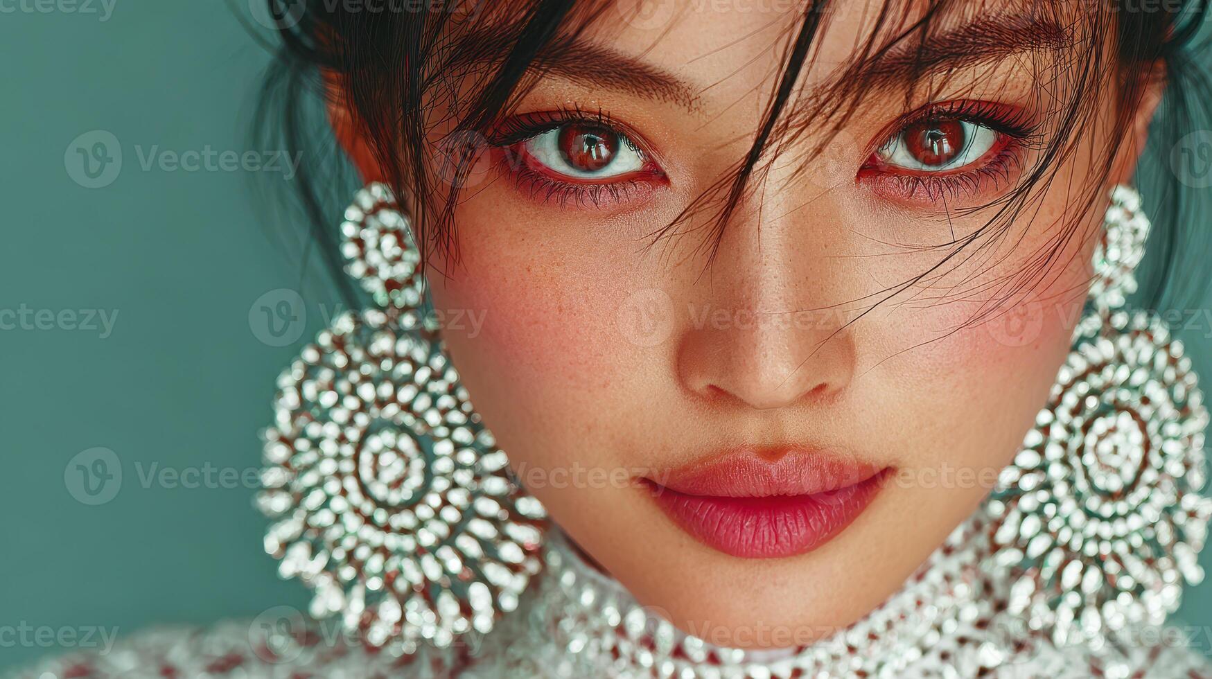 Beauty in intricate jewelry captures attention with striking makeup against a solid background photo