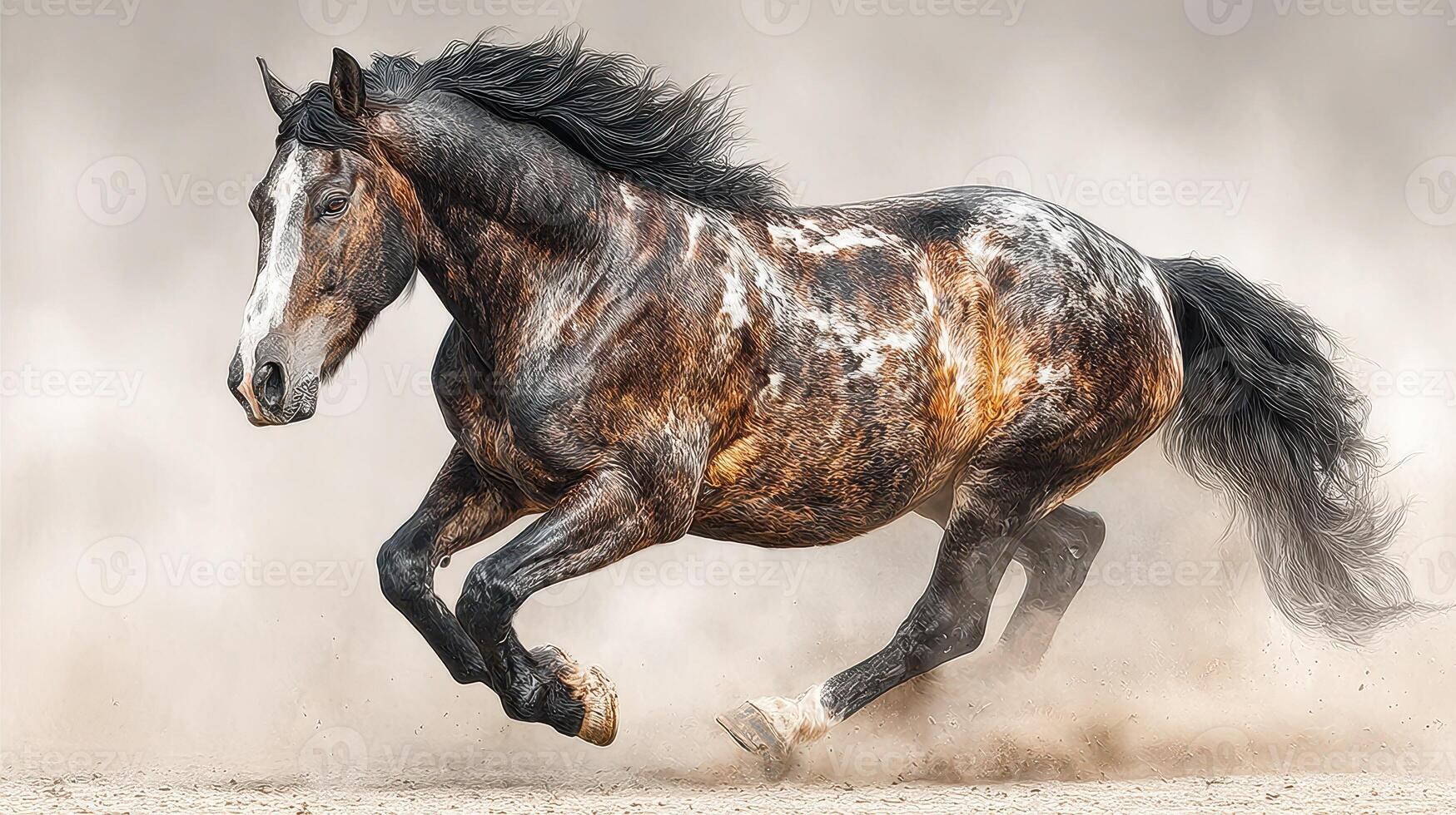 Beautiful horse galloping swiftly across a dusty arena during golden hour at a ranch photo