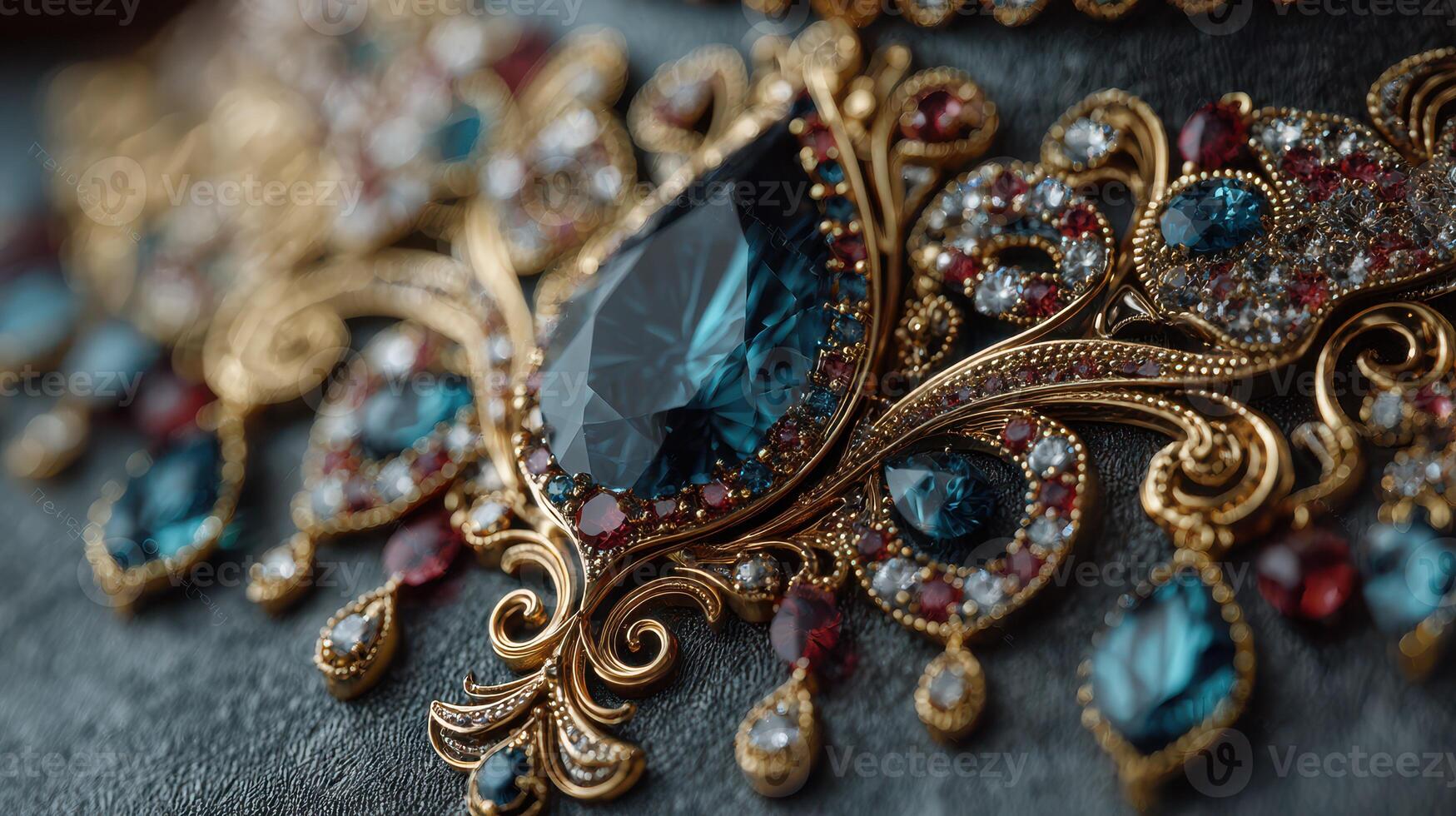 Intricate gold jewelry design featuring vibrant gemstones displayed on a dark fabric background photo