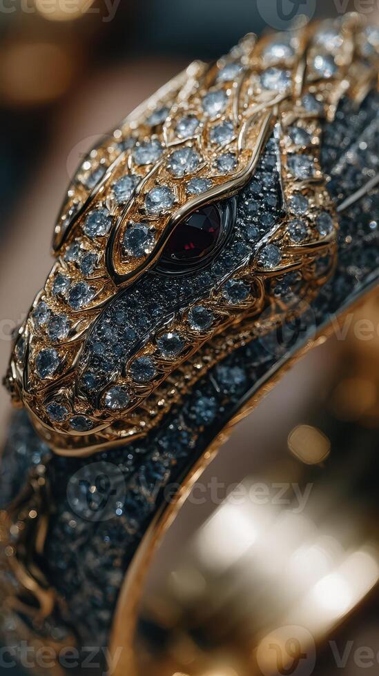 Exquisite snake-shaped bracelet adorned with sparkling gemstones captured in a jewelry showcase photo