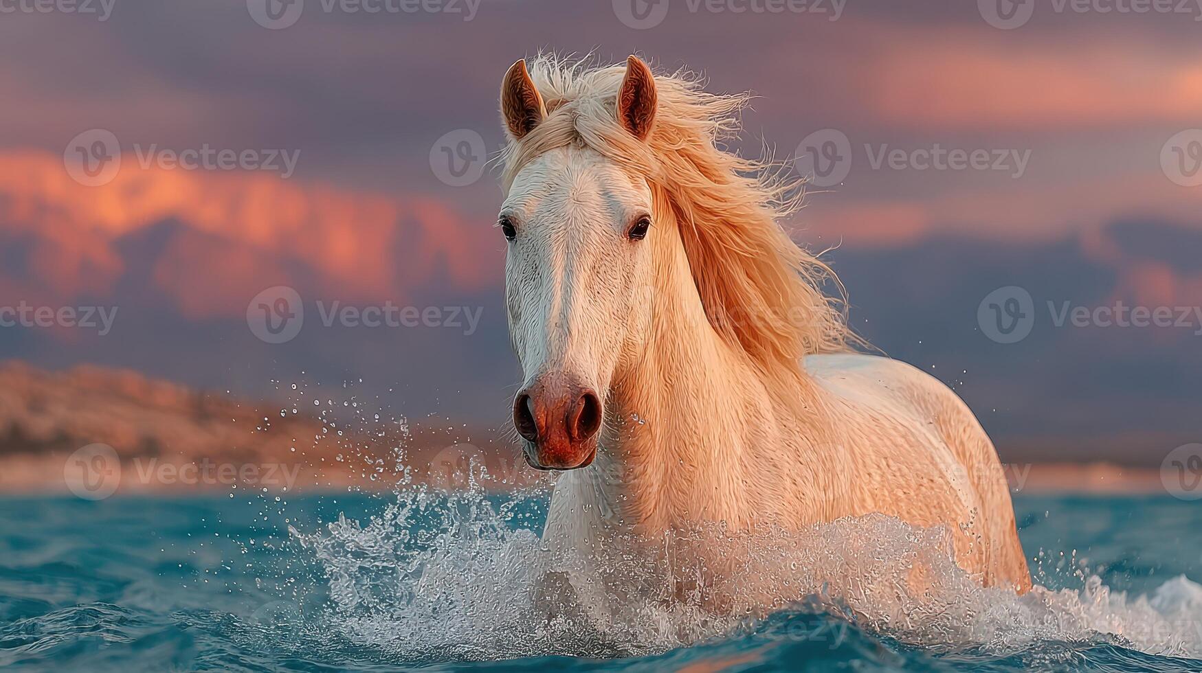White horse running through shallow water at sunset on a scenic shoreline with mountains in the background photo