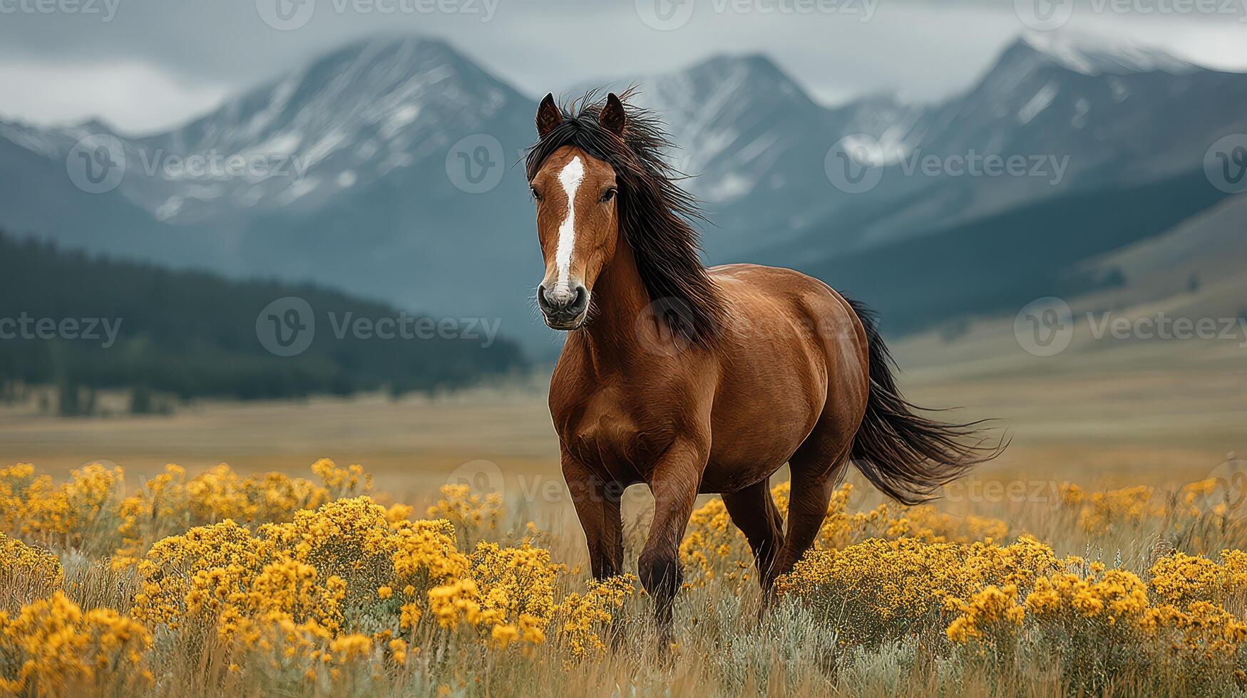 Horse walking in a field of yellow flowers with mountains in the background during a cloudy day photo