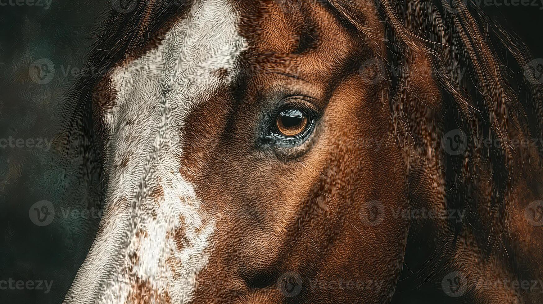 Close-up of a brown horse's eye showing intricate details and textures during a serene afternoon in a natural setting photo