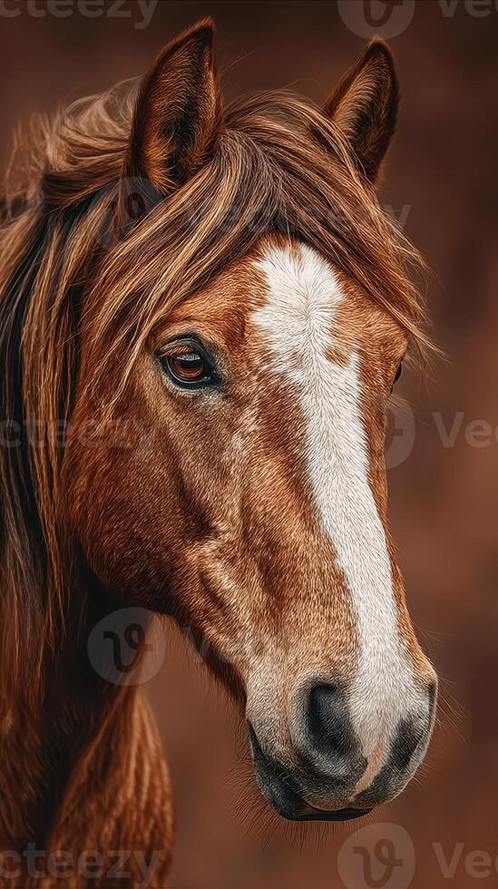 Majestic brown horse with flowing mane gazes attentively in a serene natural setting during golden hour photo