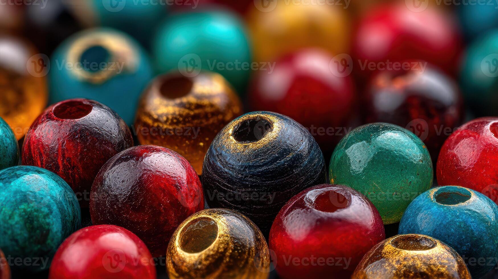 Colorful assortment of handcrafted beads displayed close-up in vivid detail, showcasing textures and patterns photo