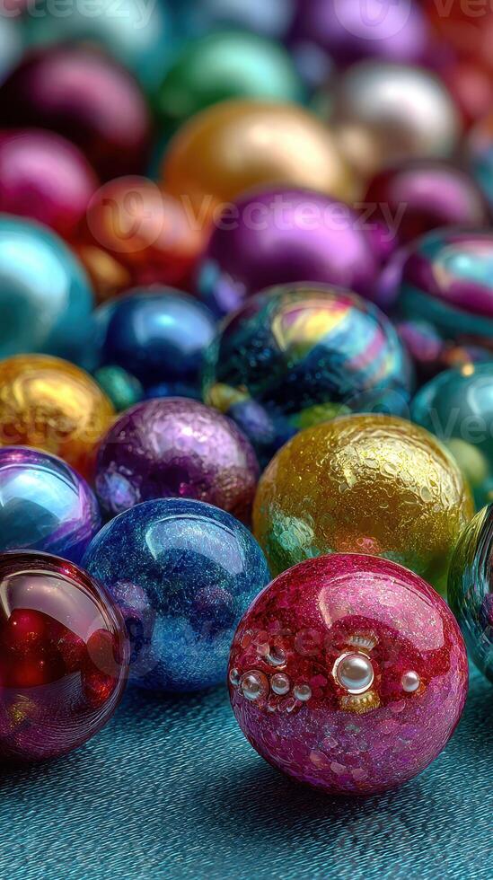 Colorful collection of decorative glass marbles scattered across a vibrant surface photo