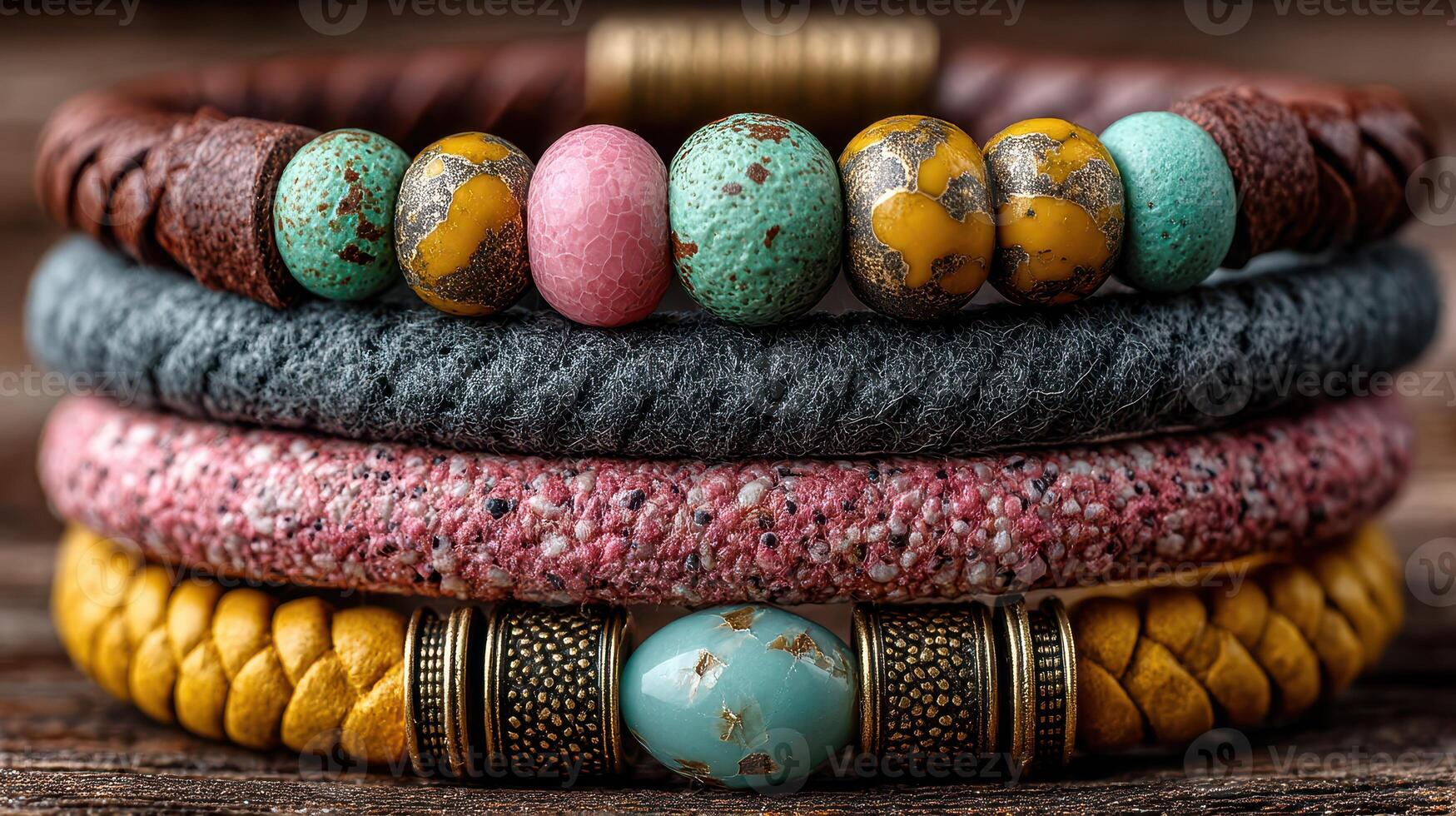 Colorful handcrafted bracelets displayed on wooden surface showcasing unique designs and textures photo