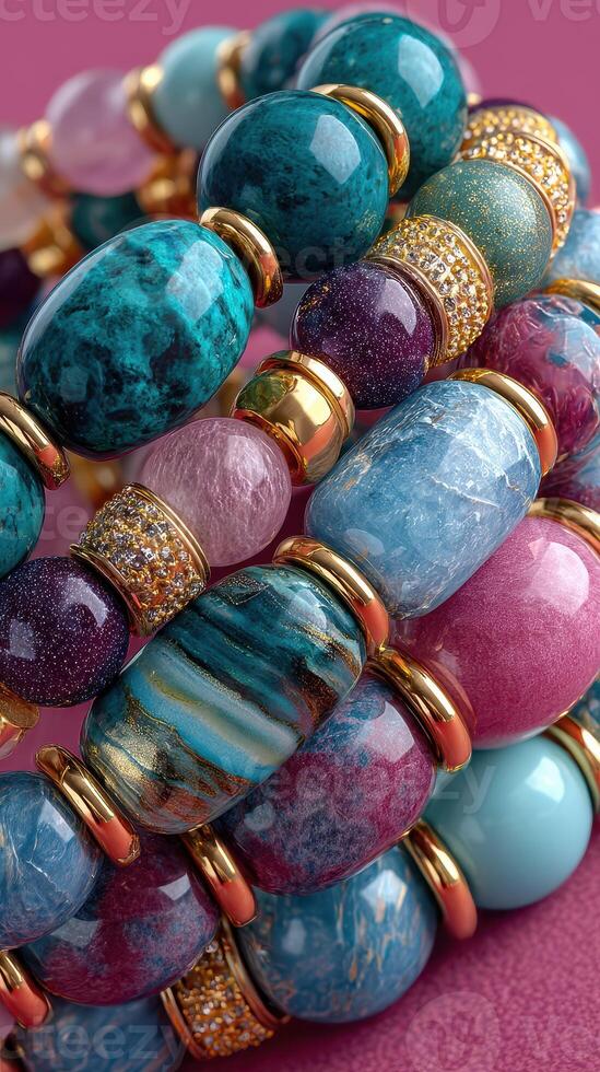 Colorful bracelet collection featuring gemstones on a vibrant surface with intricate details showcased in bright light photo
