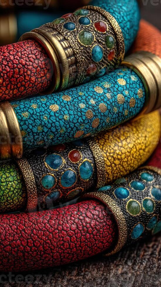 Colorful handmade bracelets made with intricate designs and vibrant materials displayed on a textured surface photo