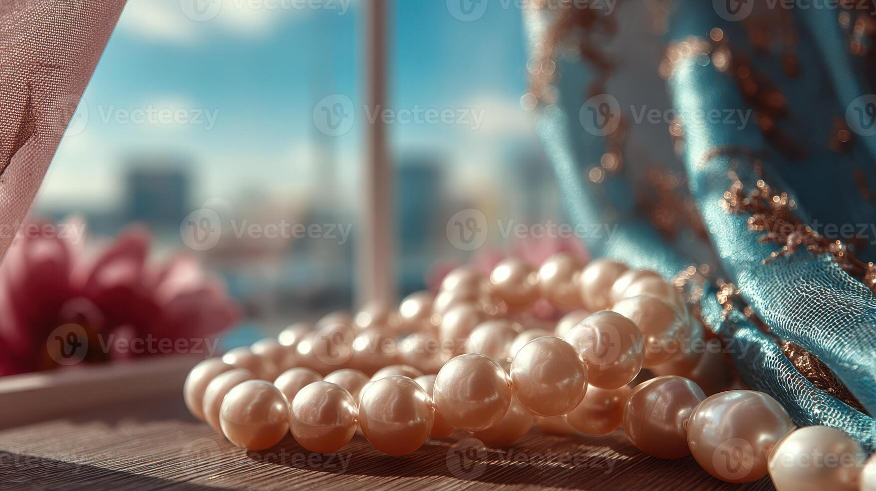 Elegant pearl necklace displayed on wooden surface with vibrant fabric and bokeh background in a sunny room photo