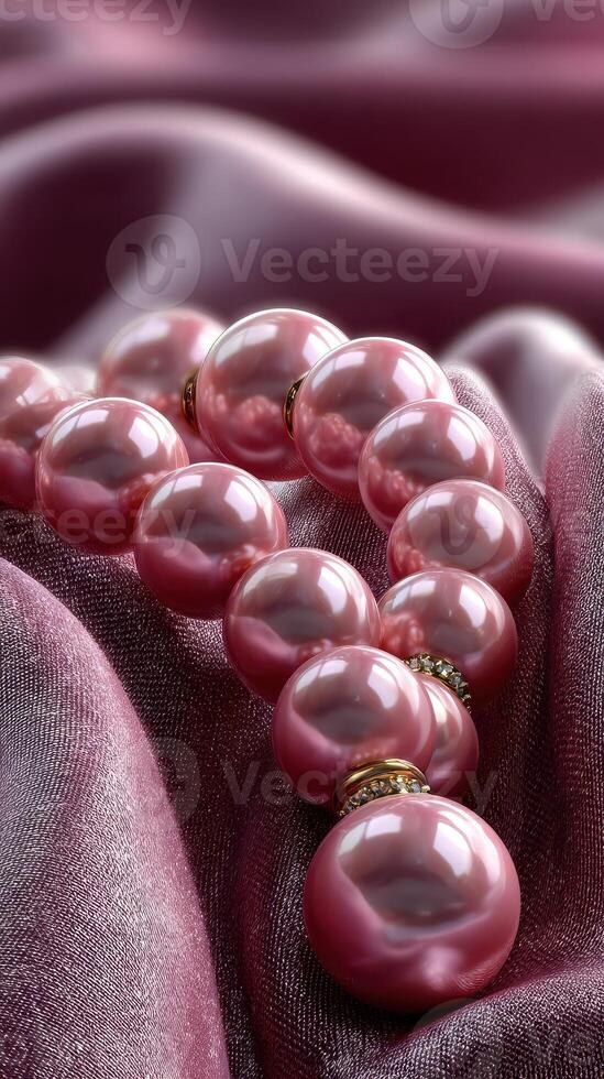 Elegant pink pearl necklace draped on luxurious fabric with soft sheen in a warm light setting photo