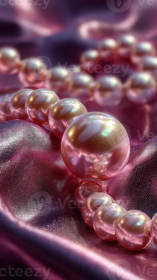 Close-up view of lustrous pink pearls arranged elegantly on soft fabric at a jewelry display photo