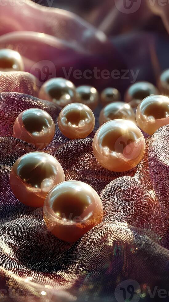Bubbling pearls scattered on soft fabric with light reflections and textures in a delicate composition photo