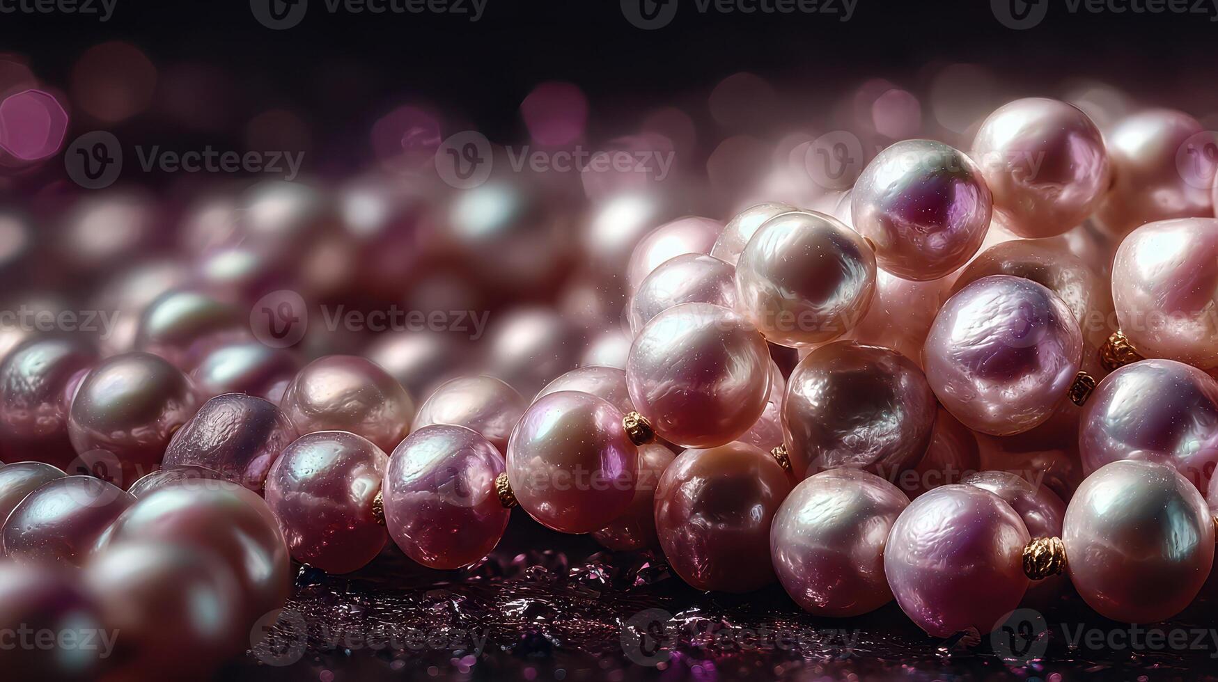 Collection of lustrous pink pearls on a dark surface with a soft bokeh background at an elegant jewelry showcase photo