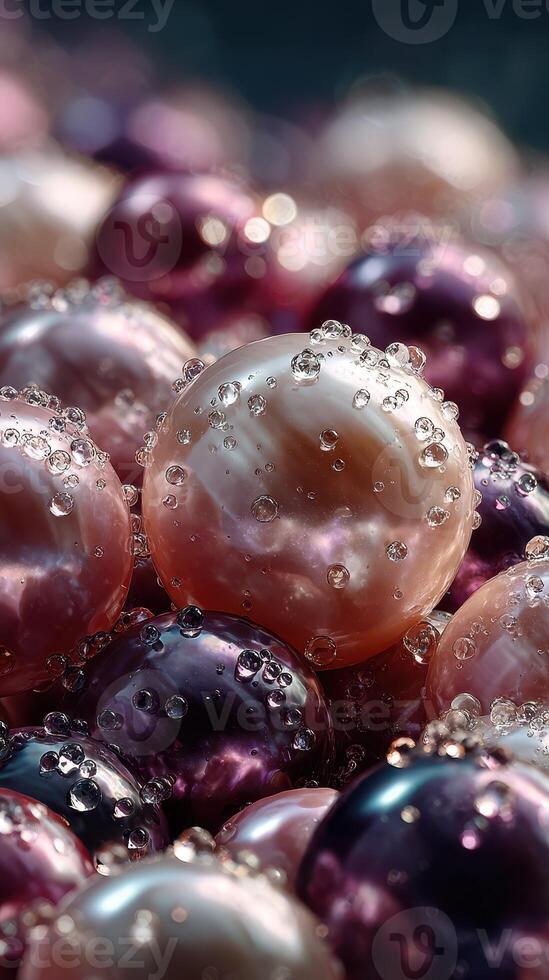 Pearlescent orbs glisten under soft light, surrounded by bubbles in an abstract display of color and texture photo