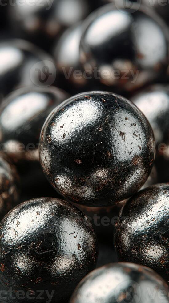 Close-up view of shiny metallic spheres showcasing unique textures and finishes in an abstract arrangement photo
