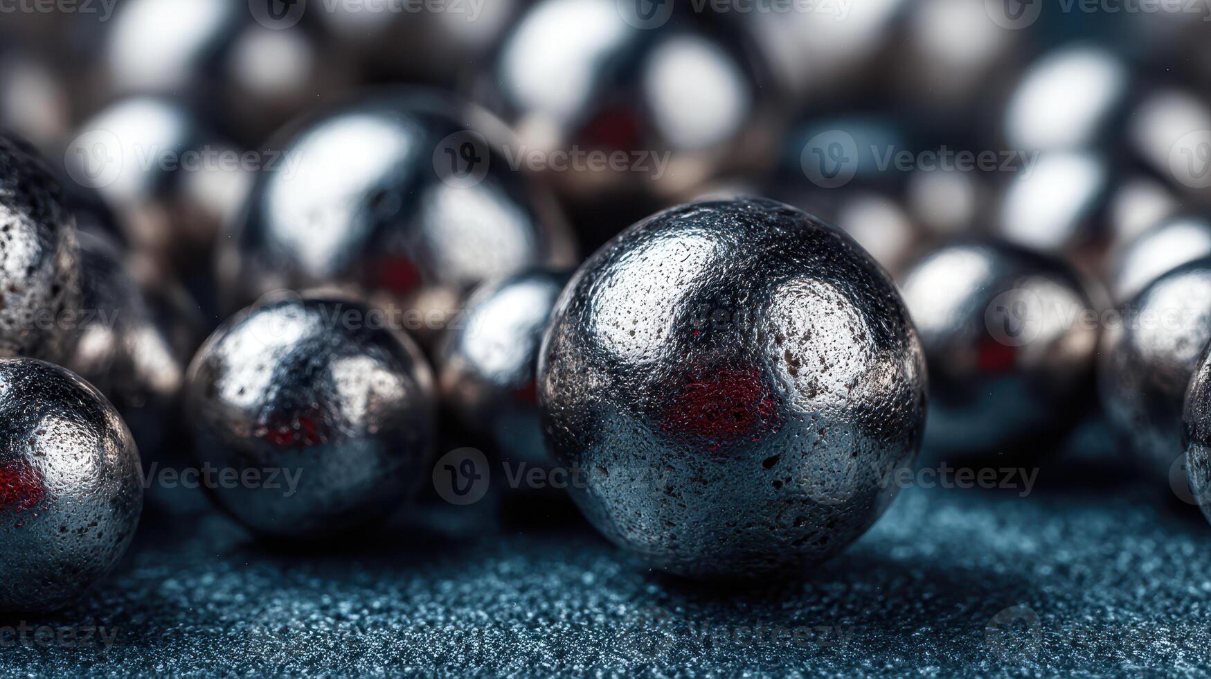 Shiny metallic spheres scattered on a dark surface create an intriguing abstract design photo