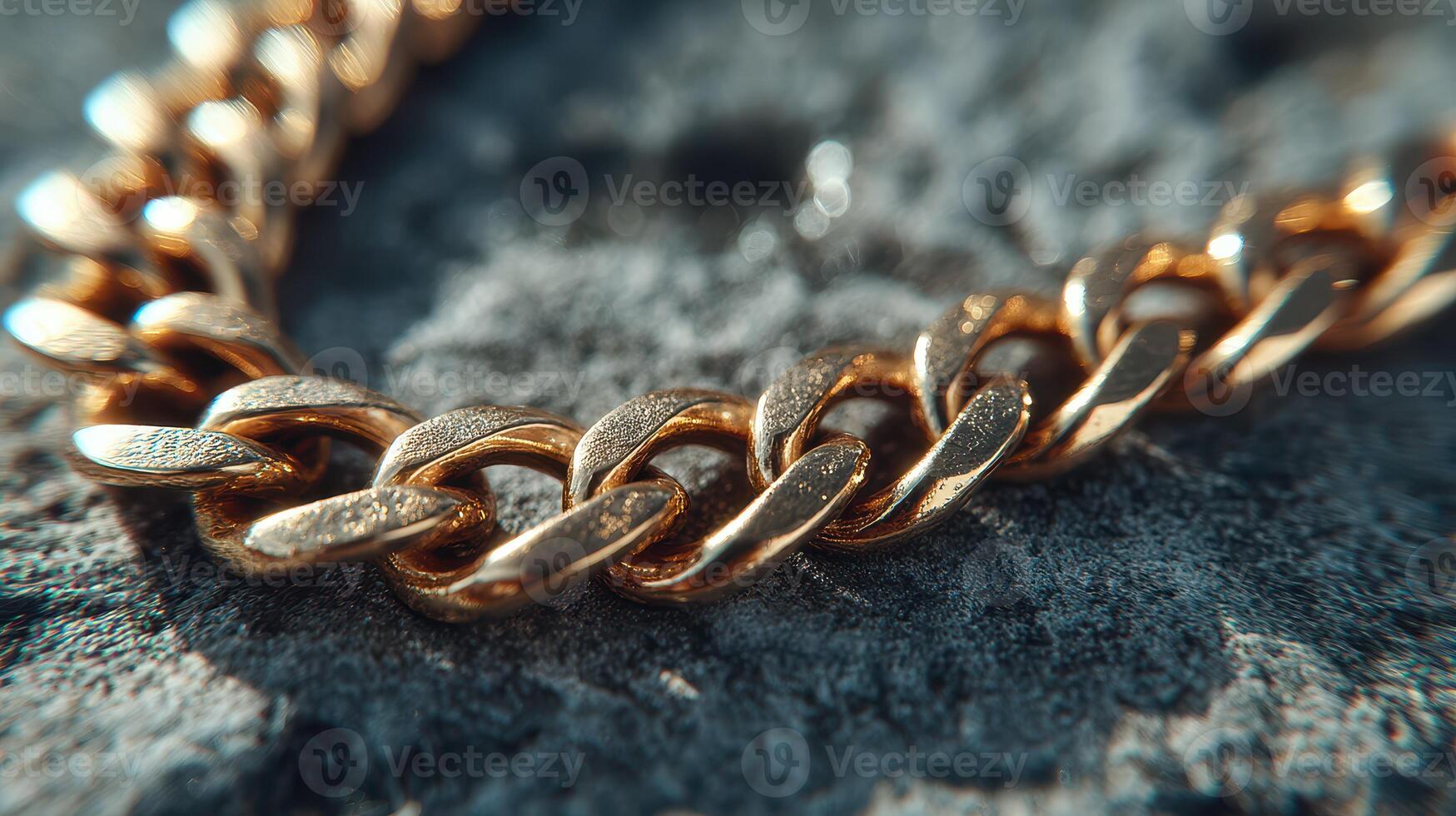 Close-up view of a shiny gold chain resting on a textured surface under bright sunlight photo