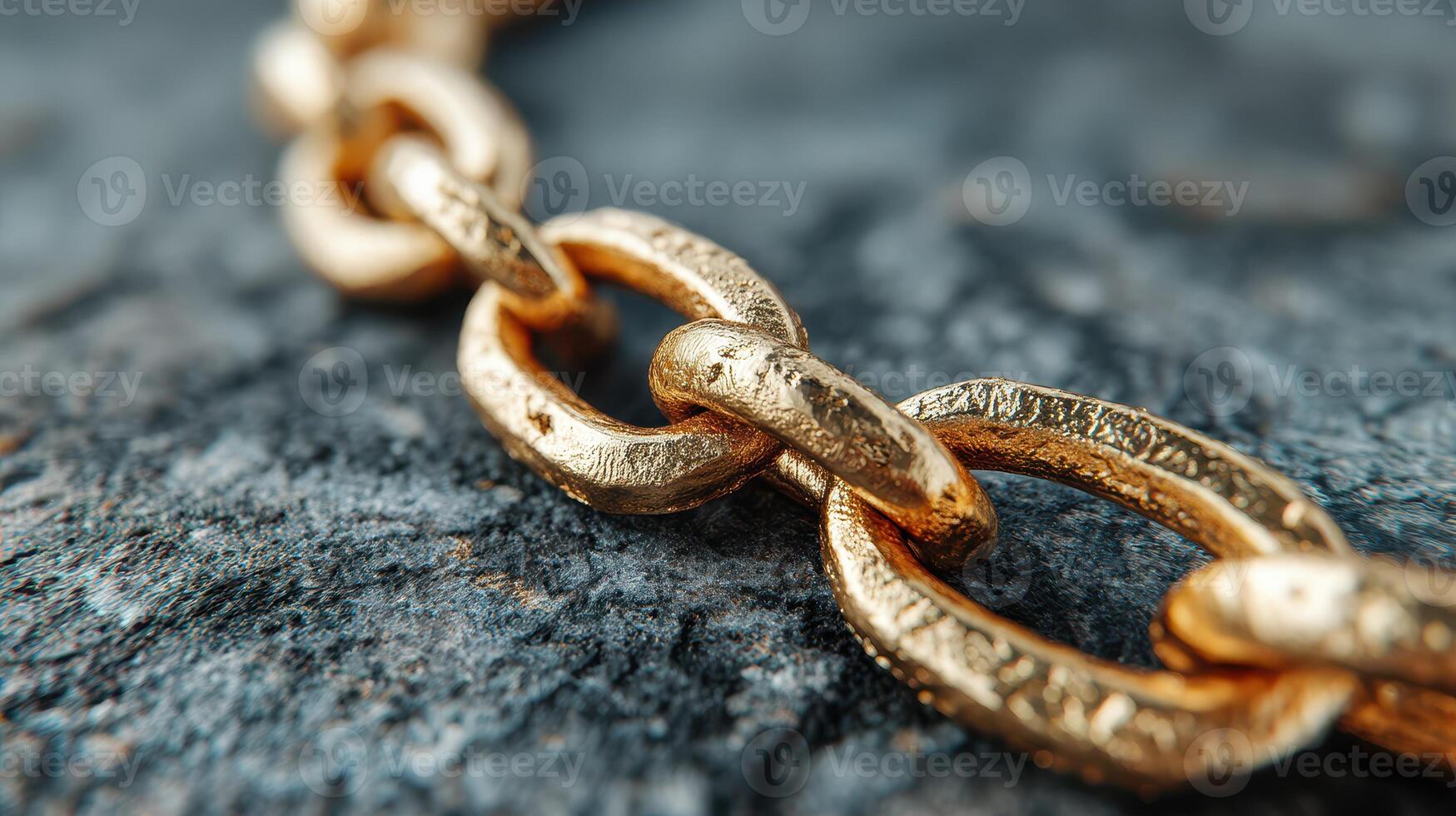 Close-up of a golden chain resting on a textured stone surface showcasing intricate details and craftsmanship photo