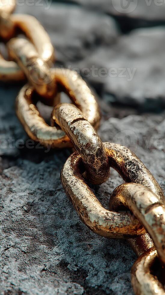Close-up view of a rusty gold chain resting on a textured stone surface under natural light photo