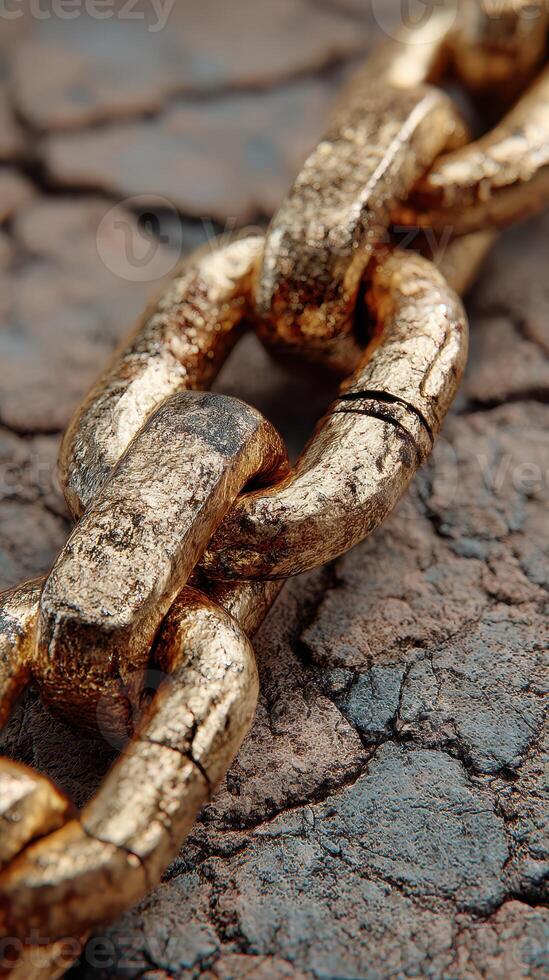 Close-up view of a golden chain resting on a cracked surface highlighting its textured detail photo