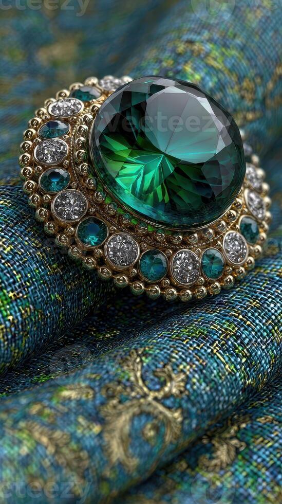 Exquisite green gemstone brooch resting on intricately patterned fabric showcasing craftsmanship and elegance photo