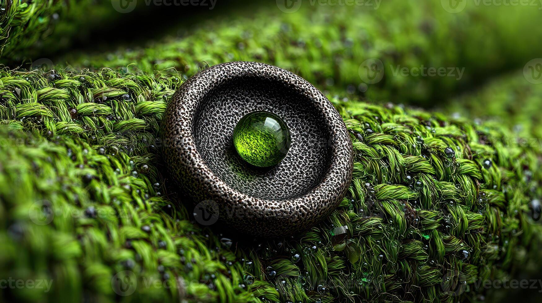 Detailed close-up of a textured green fabric showcasing a metal button with a circular glass embellishment photo