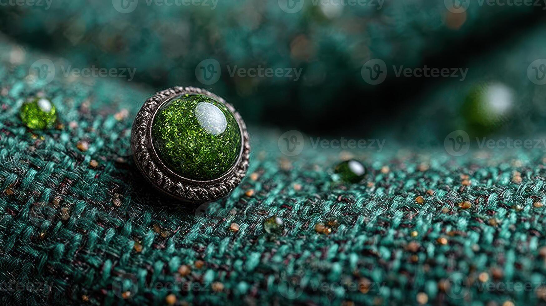 Close-up of a green gemstone button on textured fabric during an afternoon light setup photo