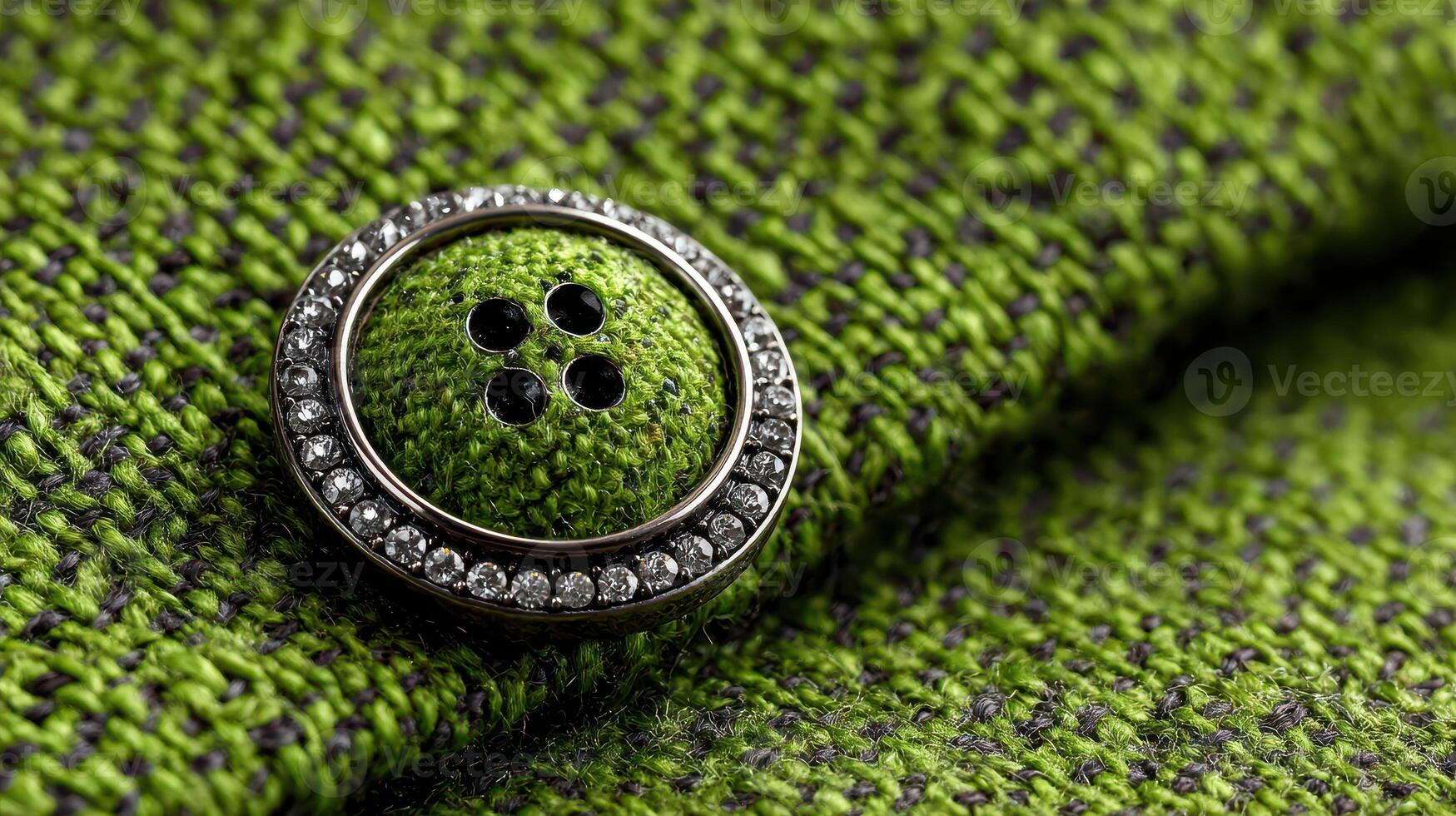 Close-up of a decorative button on a vibrant green fabric showcasing intricate details and craftsmanship photo