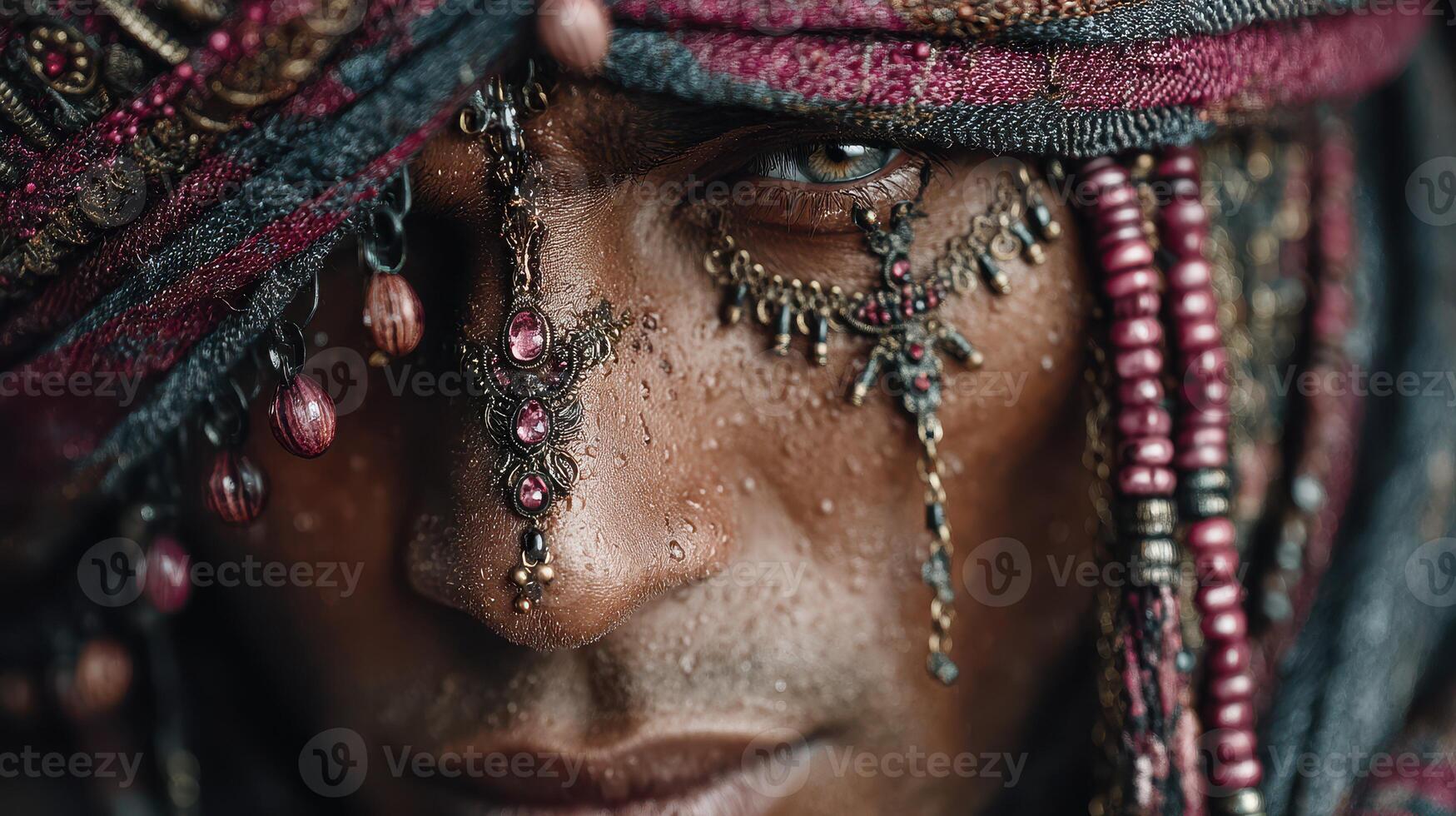 Intricate tribal face adornment captured in a close-up portrait highlighting cultural expression and detailed craftsmanship photo