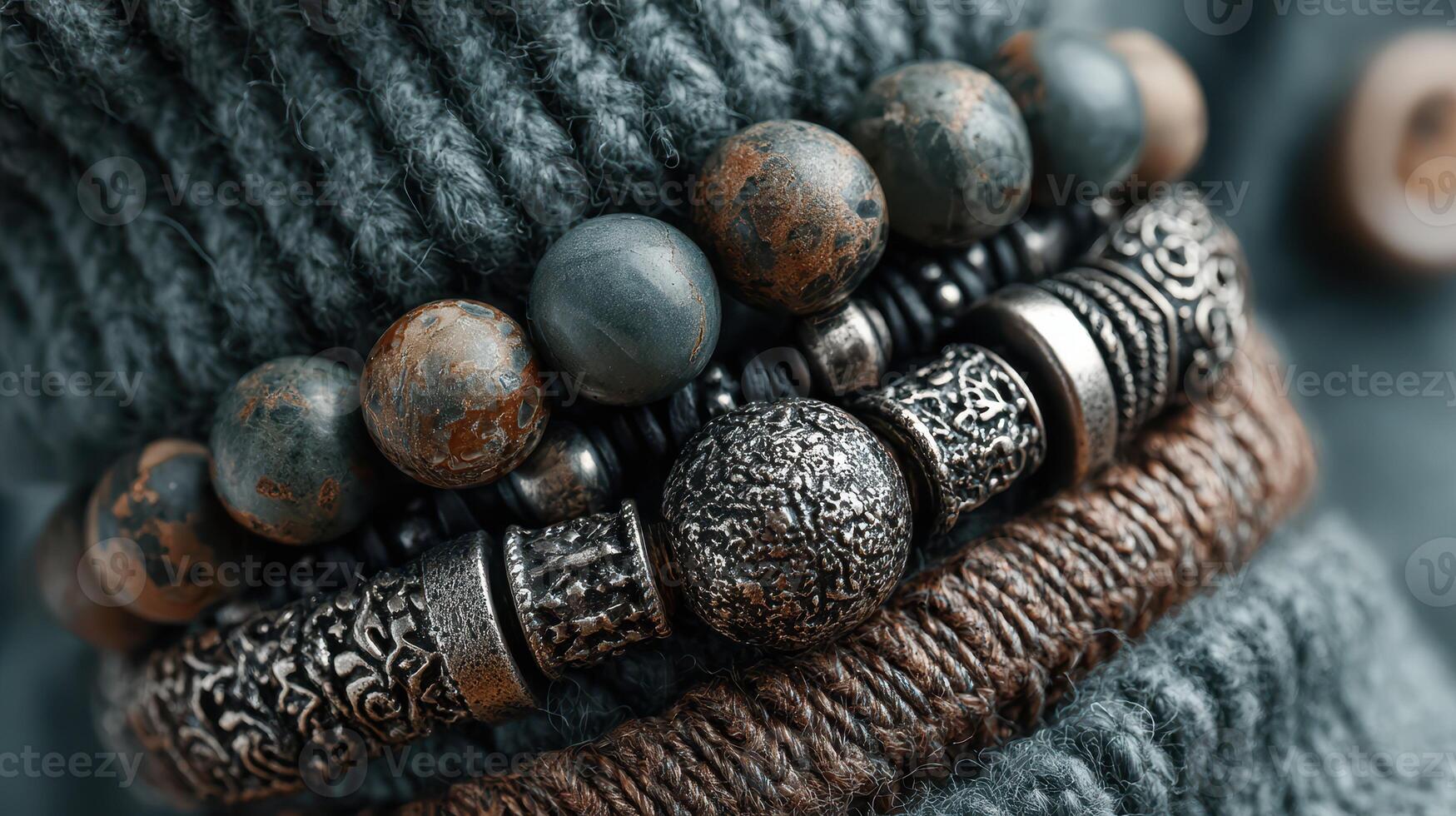 Collection of handmade bracelets displayed on a textured knitted fabric in a cozy indoor setting at twilight photo
