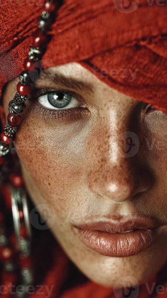 Captivating portrait of a woman with striking blue eyes and bold red attire showcasing cultural heritage photo