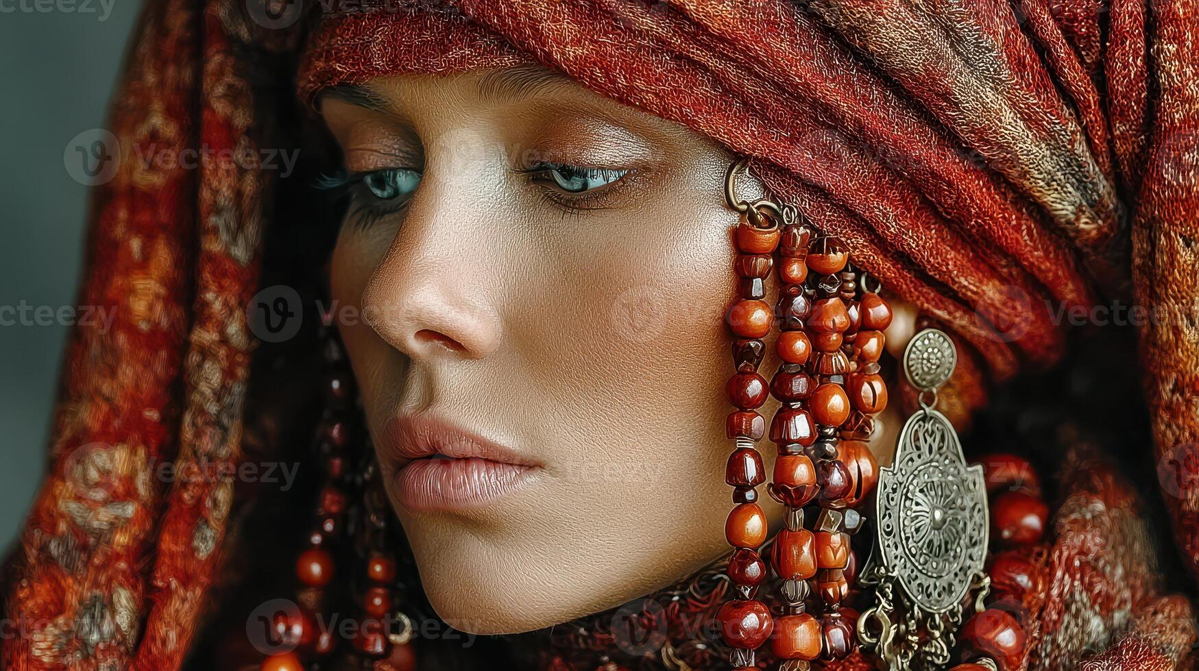 Portrait of a woman in traditional attire adorned with colorful accessories and intricate jewelry photo