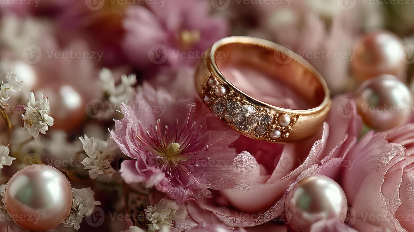 Elegant wedding ring nestled among soft pink flowers and pearls during a romantic celebration photo
