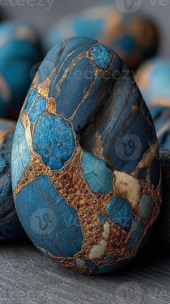 Artistic close-up of a uniquely patterned blue and gold stone displayed on a smooth surface photo