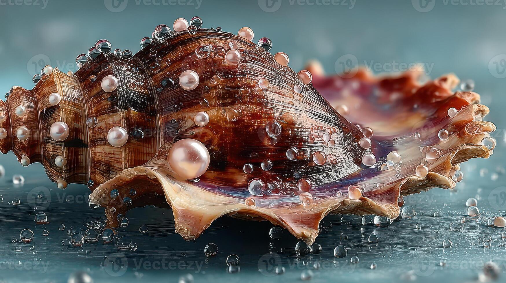 Shell with pearls and water droplets resting on a smooth surface in natural light showcasing marine beauty photo