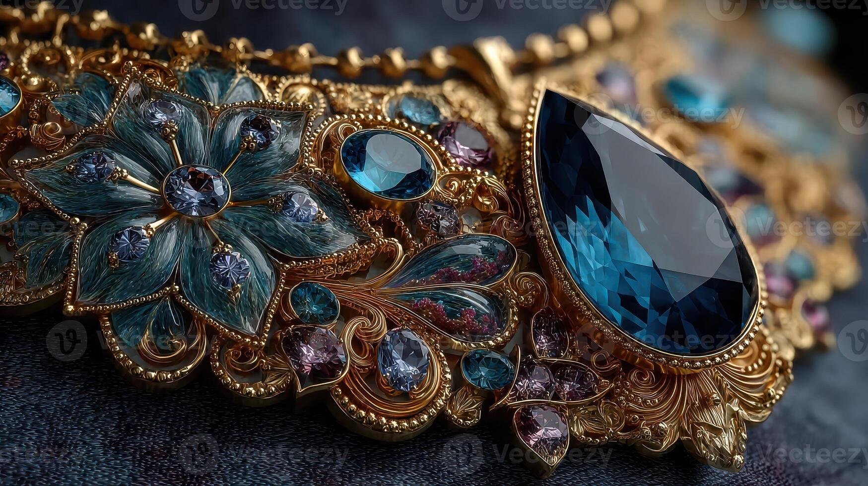 Intricate handmade jewelry features blue gemstones and floral designs on a detailed background photo