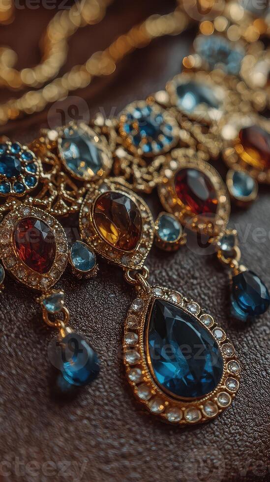 Elegant vintage jewelry display featuring intricate designs with colorful gemstones in a soft lighting setting photo