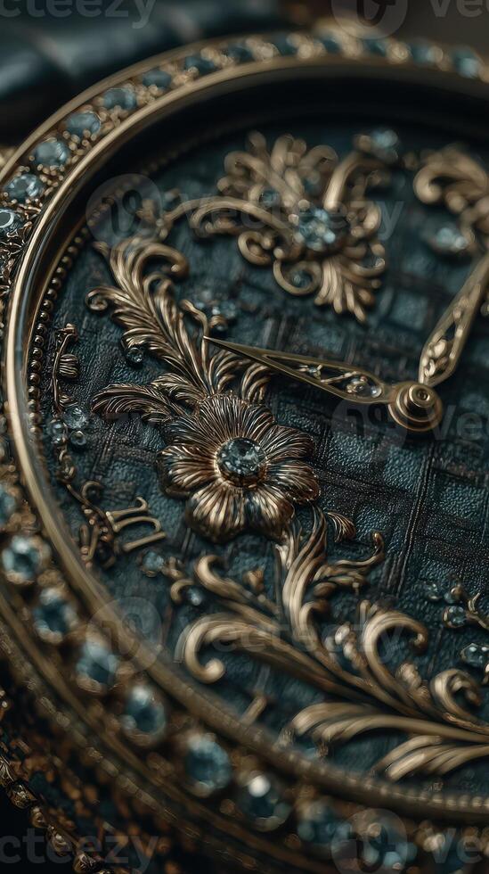 Exquisite vintage pocket watch with intricate floral engravings and gemstones in soft natural lighting photo