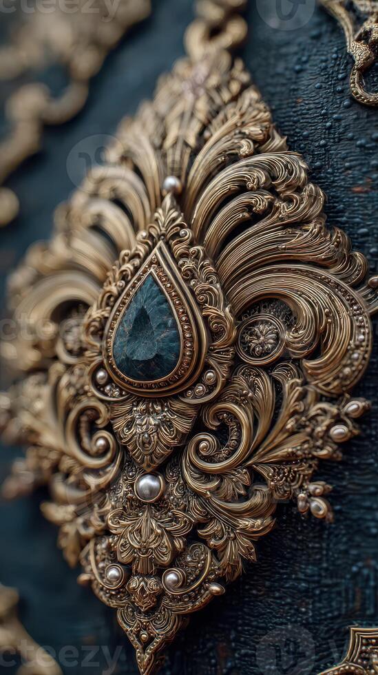 Intricate gold and black decorative art featuring a gem centerpiece, captured in a close-up perspective photo